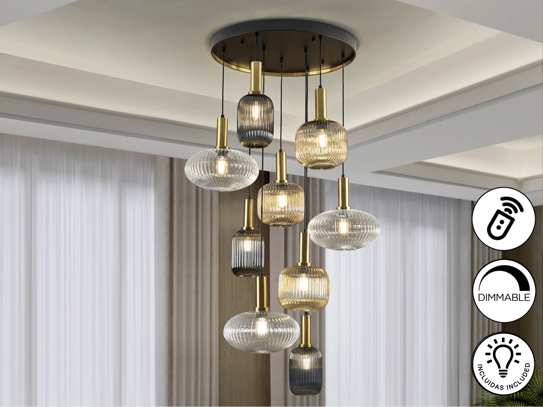 Лампа NORMA с 9 светлини, черна/латунна, димируема