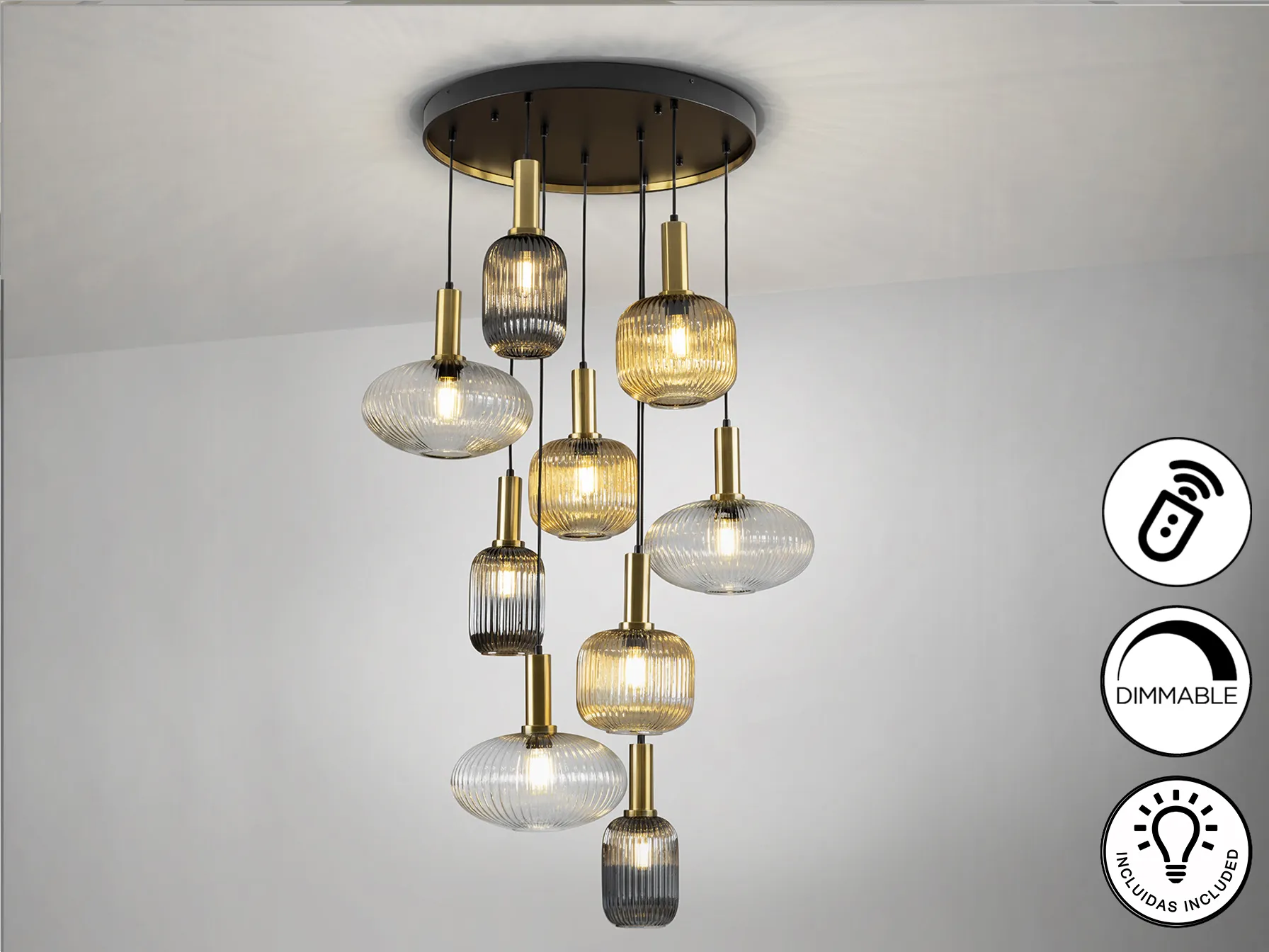 Лампа NORMA с 9 светлини, черна/латунна, димируема - Image 4